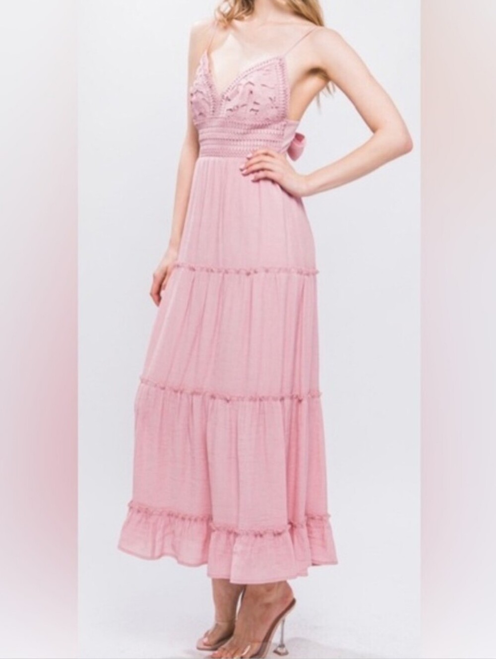 Love Tree Pink Crochet Maxi Tiered Open Back Dress with Spaghetti Straps